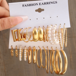 24 Pairs Retro Gold Twists Metal Geometric Shaped Square Pearl Earings Set